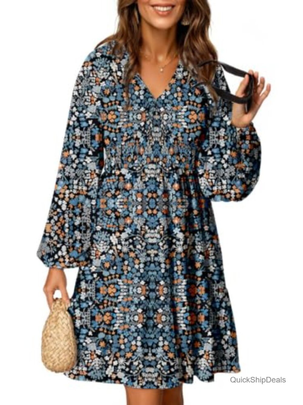 Womens Boho Floral V Neck Smocked Waist Long Sleeve Mini Dress A-Line